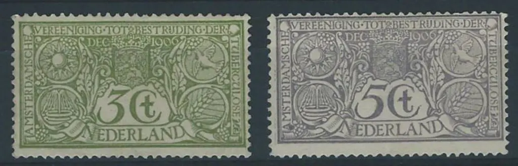 Netherlands 1906 3¢ & 5¢ Anti-TB. 5¢ is centred ... Image 1++