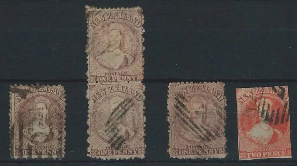 New Zealand 1871 1d brown perf. 10x12½ with barred ... Image 1++