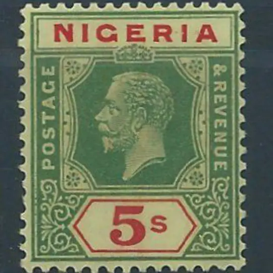 Nigeria 1932 5/- green & red on pale yellow KGV, ...