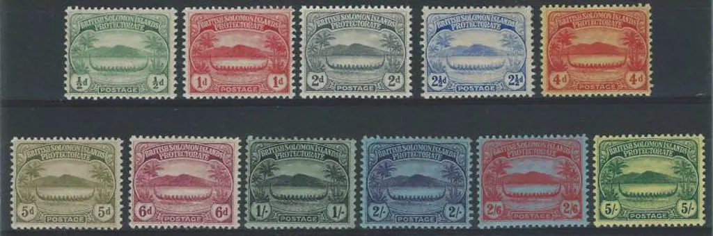 Solomon Islands 1908 "Small Canoes" set of 11. MLH ... Image 1++