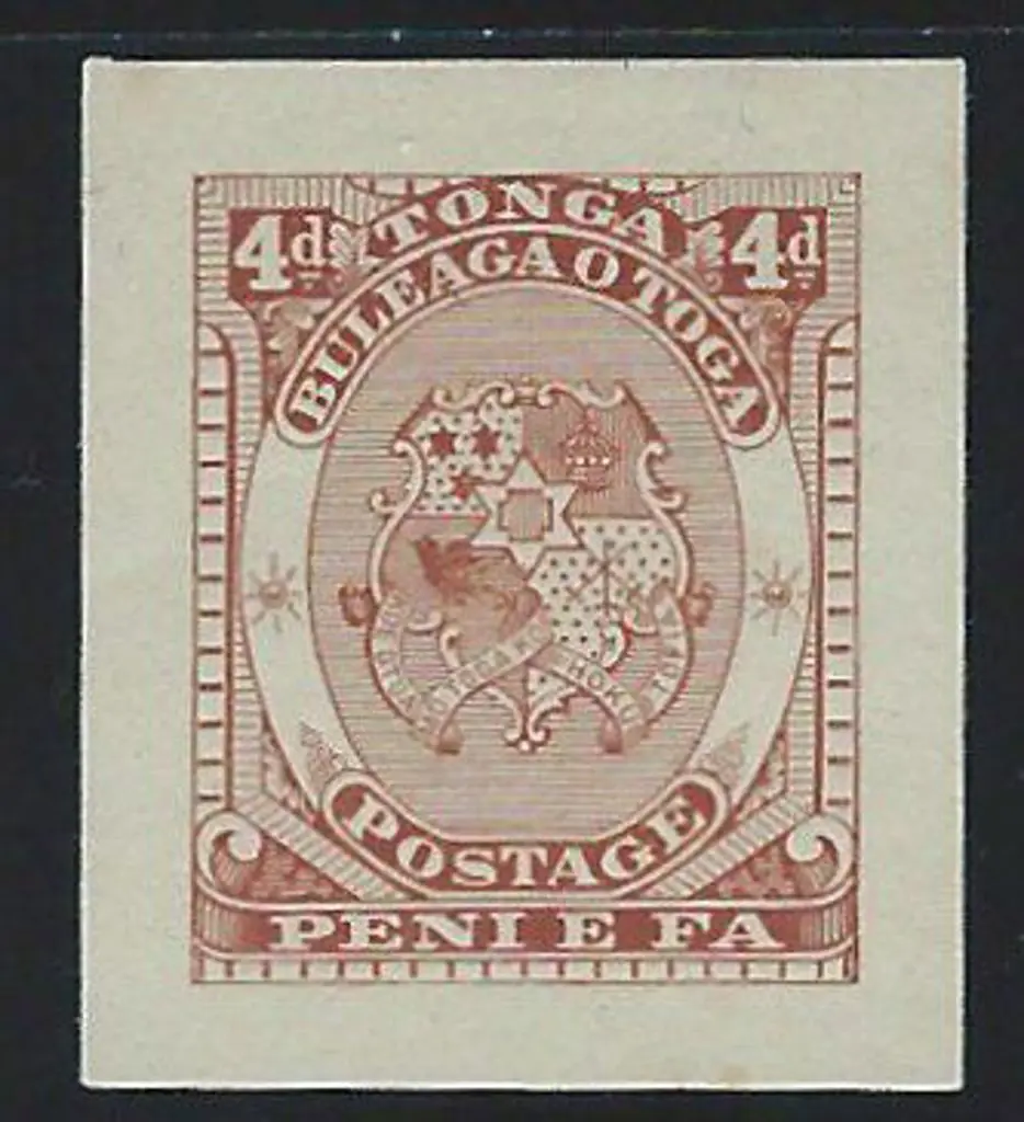 Tonga 1892 4d red brown Arms Die Proof on wove ... Image 1++