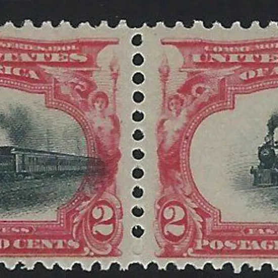 USA 1901 2₵ Railway horiz pair with misplaced ...