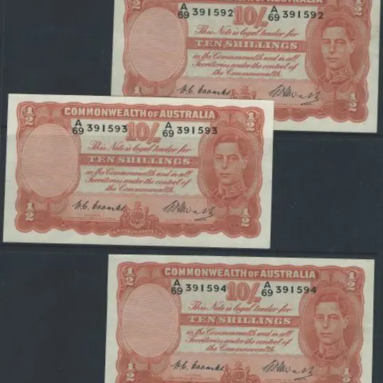 1949 10/- KGVI Coombs/Watt notes x 3 in ...