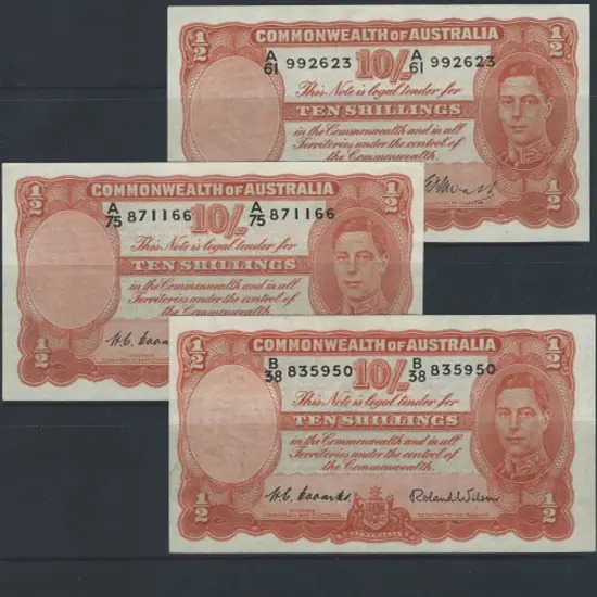 1952 10/- KGVI Coombs/Wilson notes x 3. About VF ...