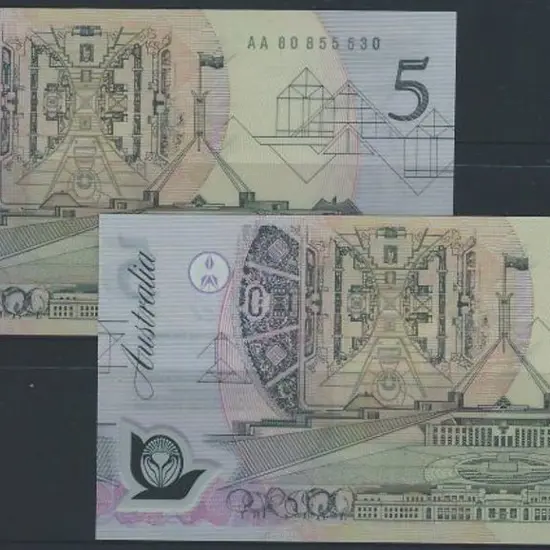 1992 $5 Fraser/Cole Polymer. Consecutive pair with ...