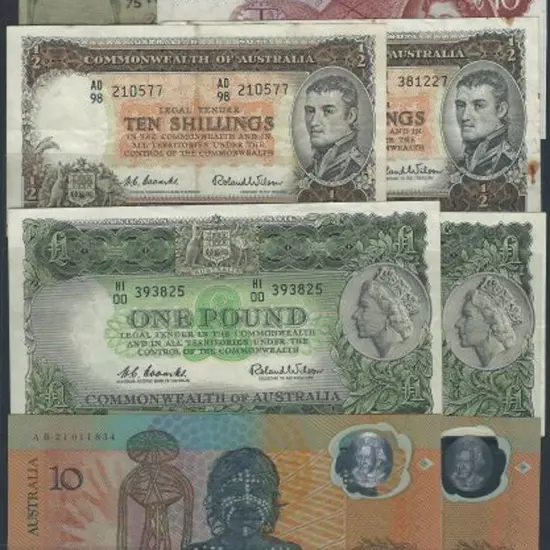 Range of notes incl 10/- Flinders x 2, £1 KGVI, £1 ...