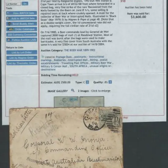 1900 Outgoing soldier's letter to Cpl WW Monger ...