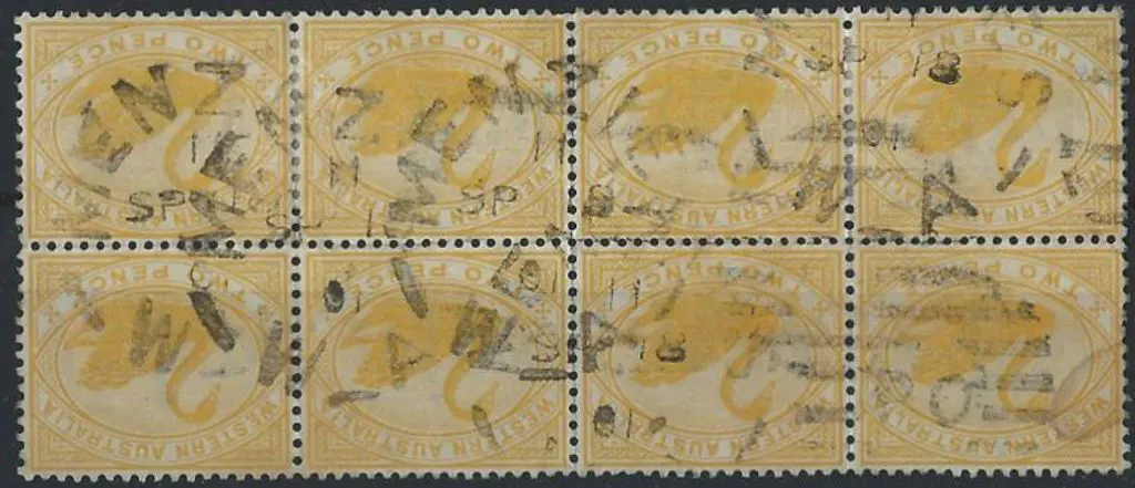 Menzies DxPOa on block of 8 2d yellow swans with 4 ... Image 1++