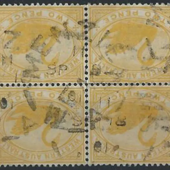 Menzies DxPOa on block of 8 2d yellow swans with 4 ...