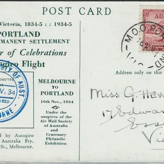 1934 (16th Nov) Melbourne to Portland flown ...