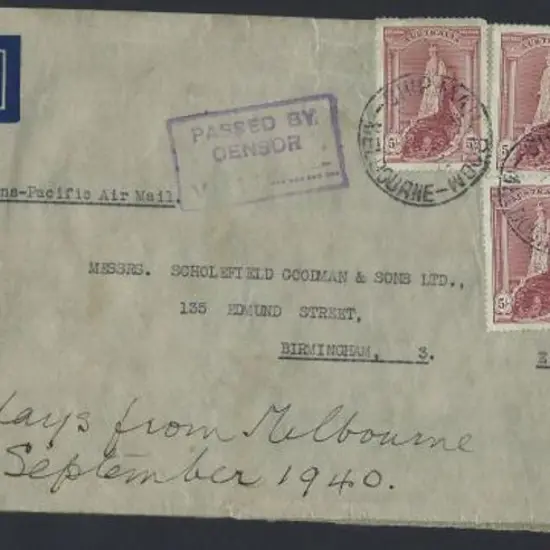 1940 (22nd Sep) airmail cover to England "Per ...