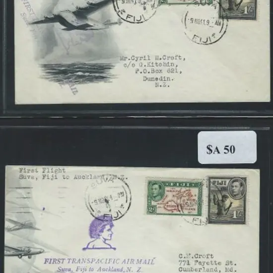 1941 Fiji to USA x 6 & one to NZ all bearing 2 ...