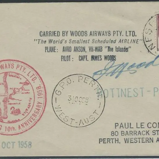 1958 (31st Oct) Rottnest to Perth flight by Woods ...