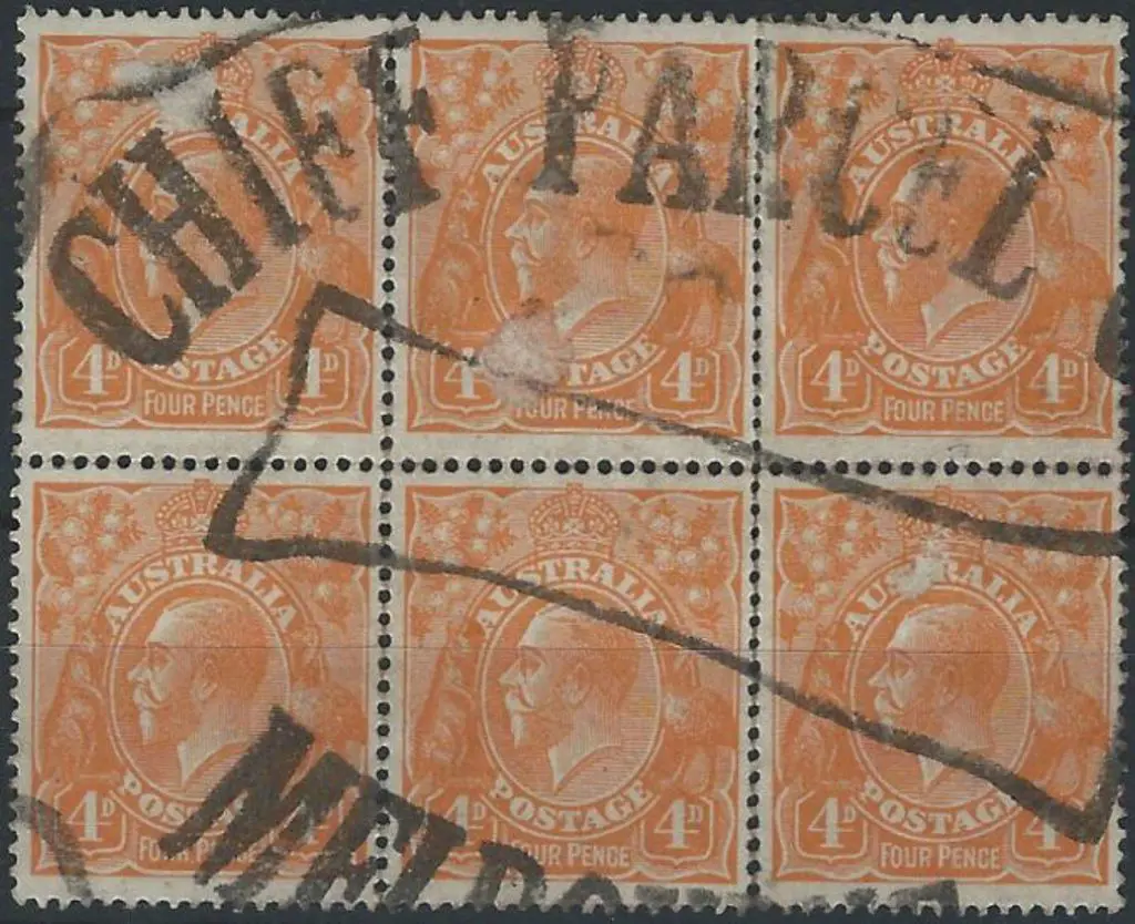 1918-23 Single wmk 4d orange block of 6 with large ... Image 1++