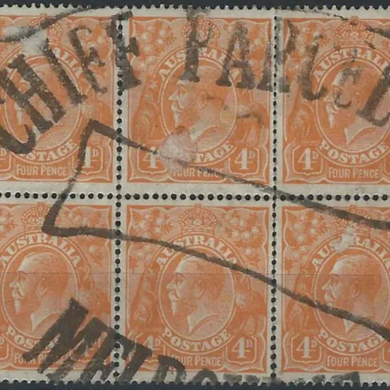 1918-23 Single wmk 4d orange block of 6 with large ...