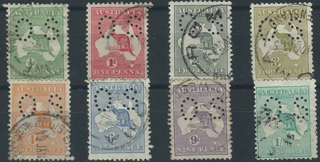 1913 ½d to 1/- kangaroos (excl. 2½d & 5d) perfined ... Image 1++