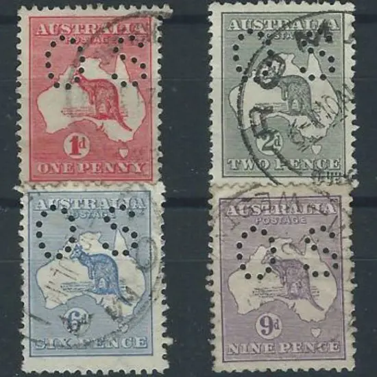 1913 ½d to 1/- kangaroos (excl. 2½d & 5d) perfined ...