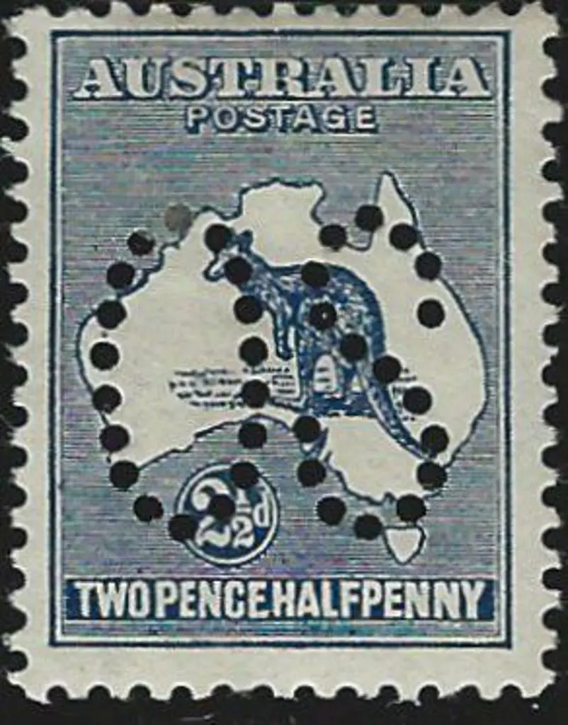 1913 2½d indigo kangaroo perfined large "OS". MLH, ... Image 1++