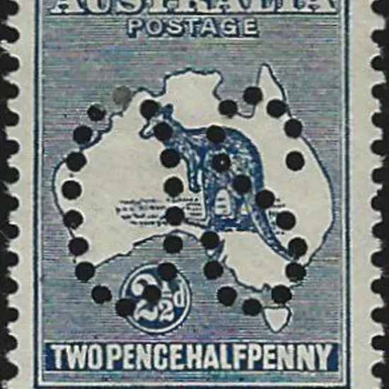 1913 2½d indigo kangaroo perfined large "OS". MLH, ...