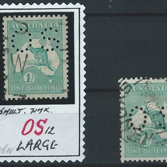 1913 1/- emerald kangaroo perfined OS in both ...