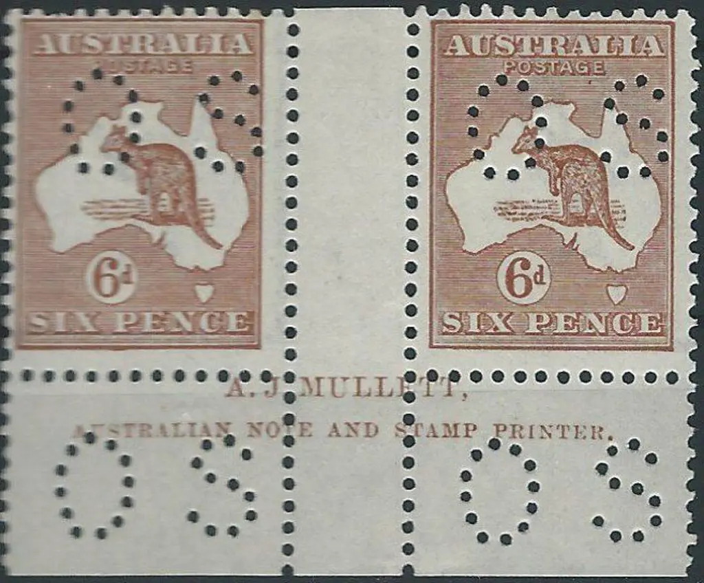 1923 6d chestnut kangaroo perfined OS A.J. Mullett ... Image 1++
