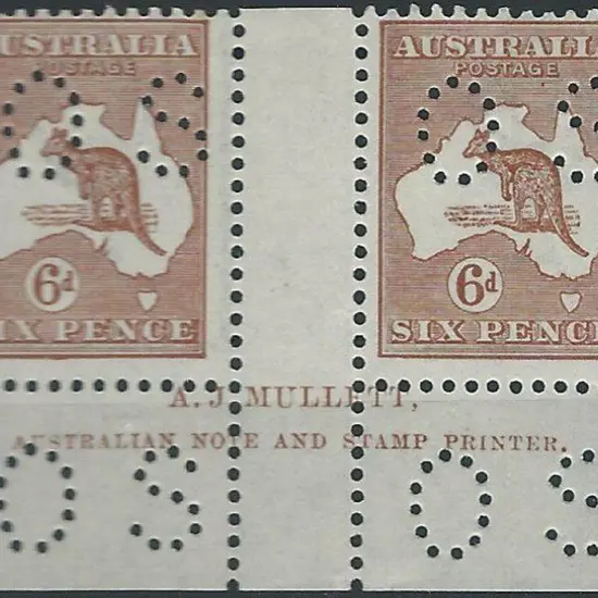 1923 6d chestnut kangaroo perfined OS A.J. Mullett ...
