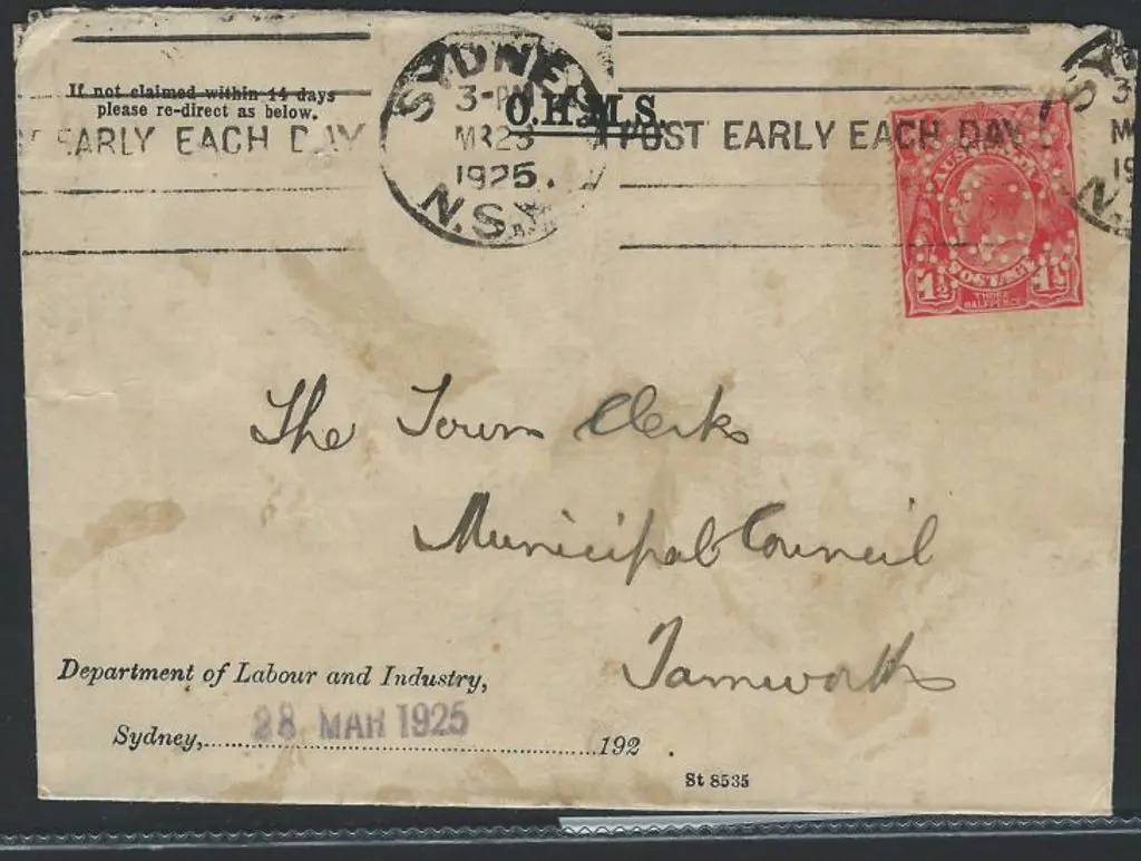 1925 (23rd Mar) 1½d KGV perfined OS NSW on OHMS ... Image 1++