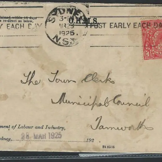 1925 (23rd Mar) 1½d KGV perfined OS NSW on OHMS ...