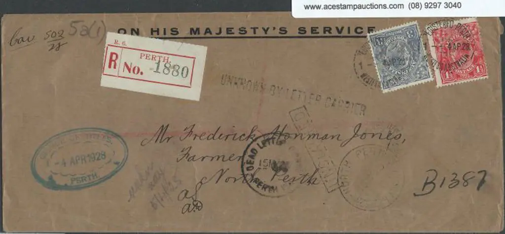 1928 (4th April) 1½d & 3d KGV perfined OS tied to ... Image 1++