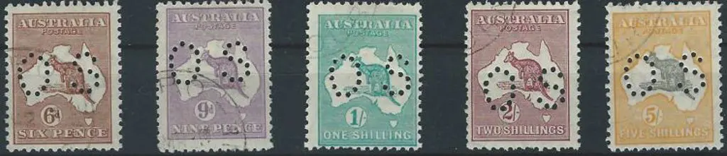 1929/30 6d to 5/- kangaroos, Sm Mult wmk, perfined ... Image 1++