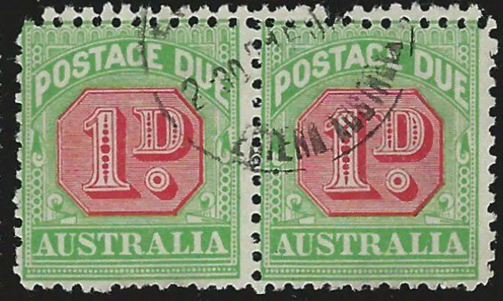 1914 1d rose red & green Postage Due pair with wmk ... Image 1++