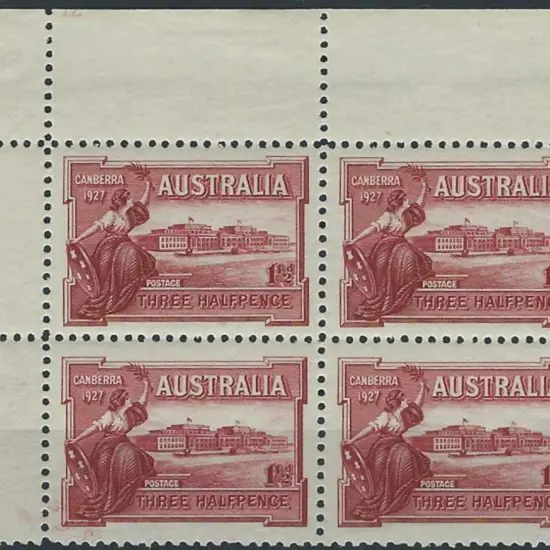 1927 1½d Canberra in upper left corner block of 4 ...