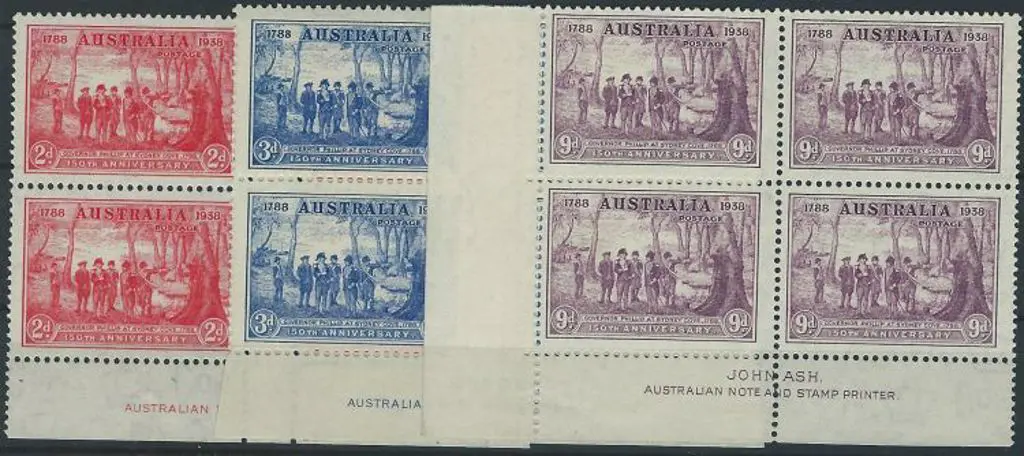 1937 NSW Sesqui set of 3 in Ash imprint blocks of ... Image 1++