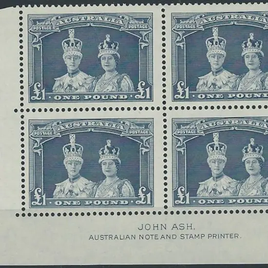 1937/48 £1 Robes Ash imprint block of 4 on thick ...