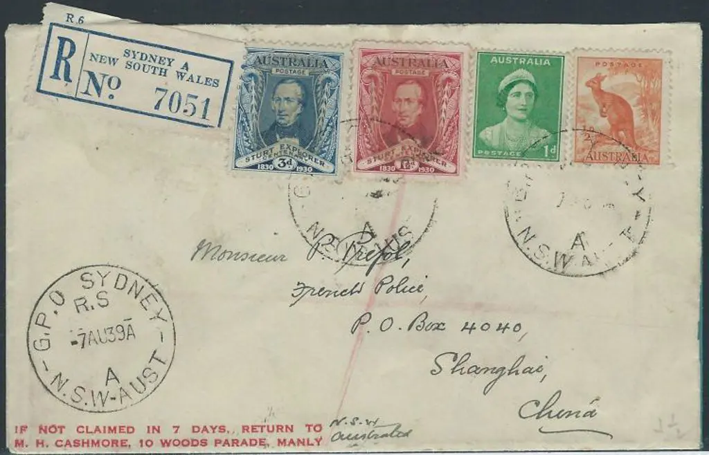 1939 (7th Aug) Sydney Regd cover to Shanghai with ... Image 1++