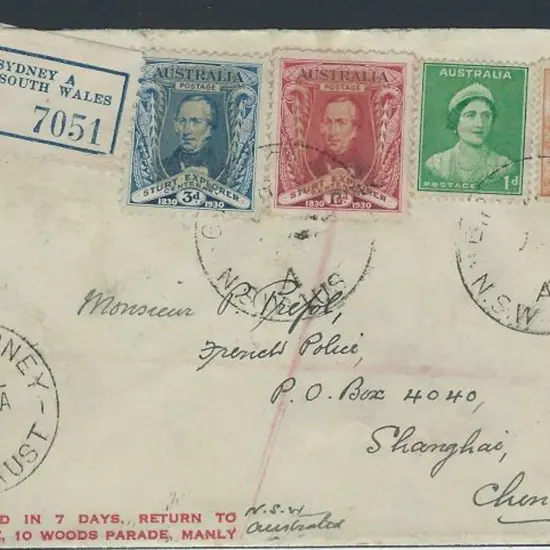 1939 (7th Aug) Sydney Regd cover to Shanghai with ...