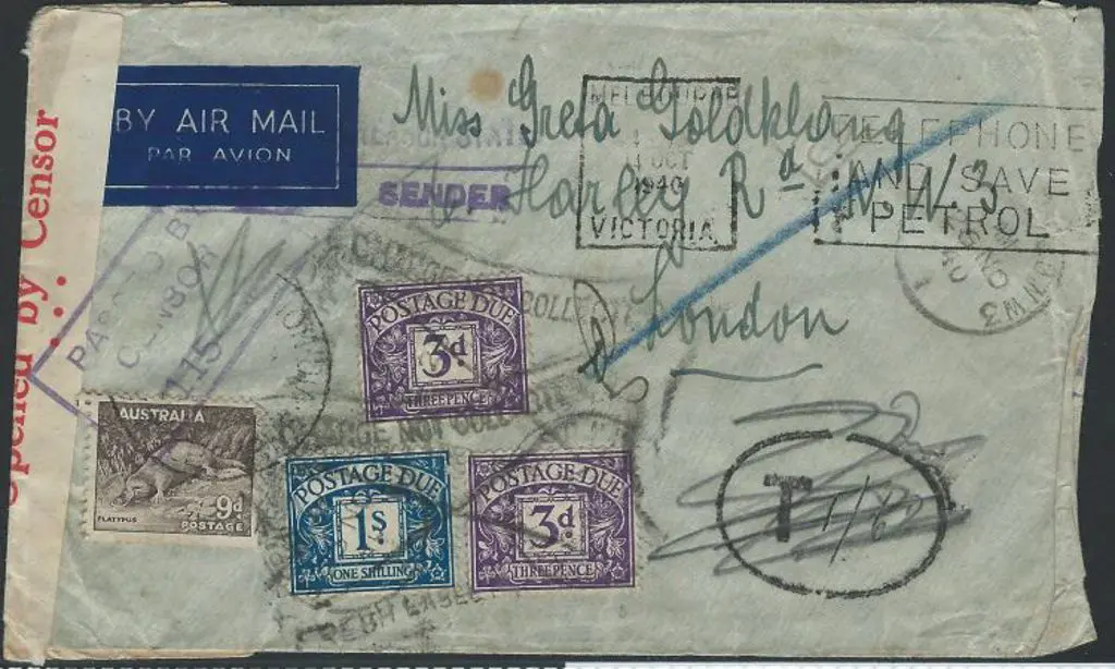 1940 (14th Oct) Censored & taxed airmail cover to ... Image 1++