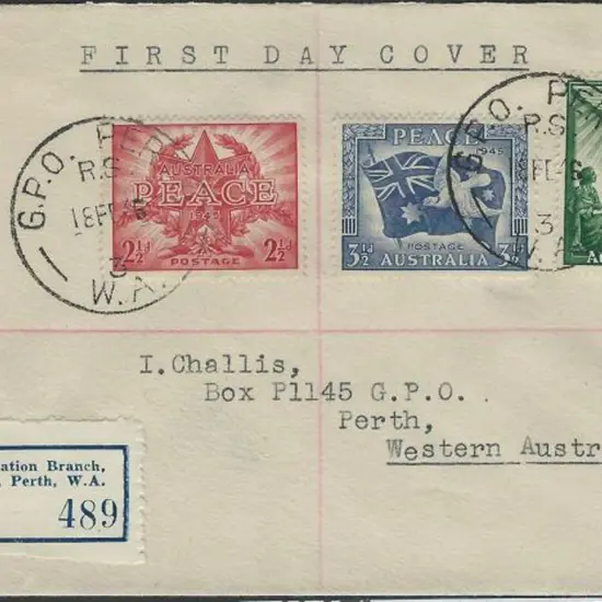 1946 (18th Feb) Peace set of 3 on plain Perth GPO ...