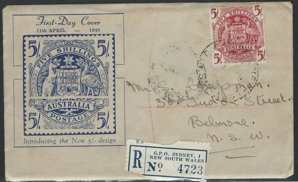 1949 (11th April) 5/- Arms on Miller Bros Sydney ... Image 1++