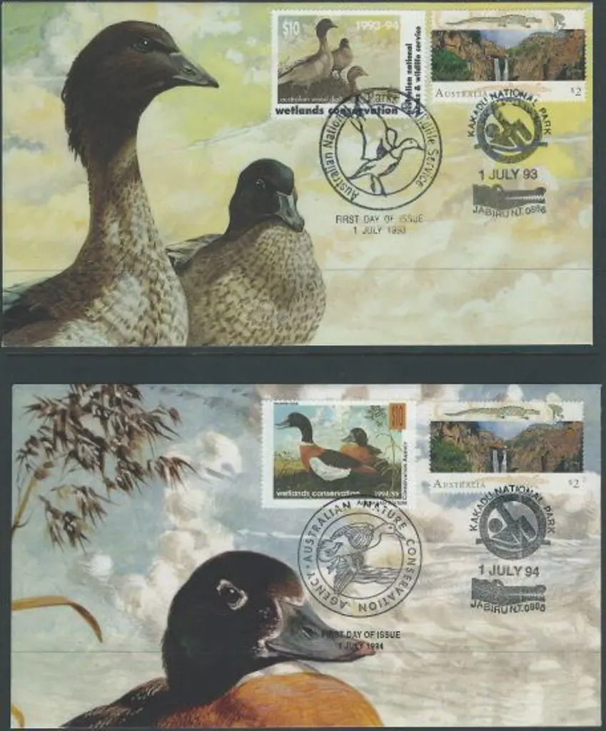 1993 & 1994 $10 Aust Duck stamps on illust FDC's ... Image 1++