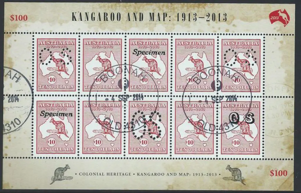 2013 $100 Kangaroo & Map Miniature Sheet CTO by 3 ... Image 1++