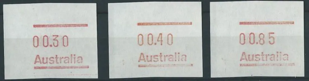 1984 30c, 40c & 85c Frama button set on white test ... Image 1++