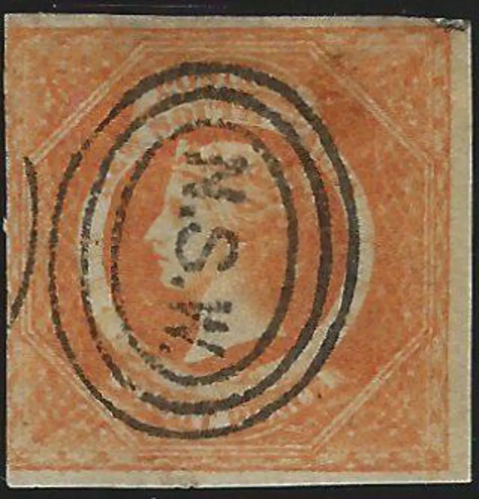 1854/59 8d dull yellow orange. F/U with  3 ring ... Image 1++