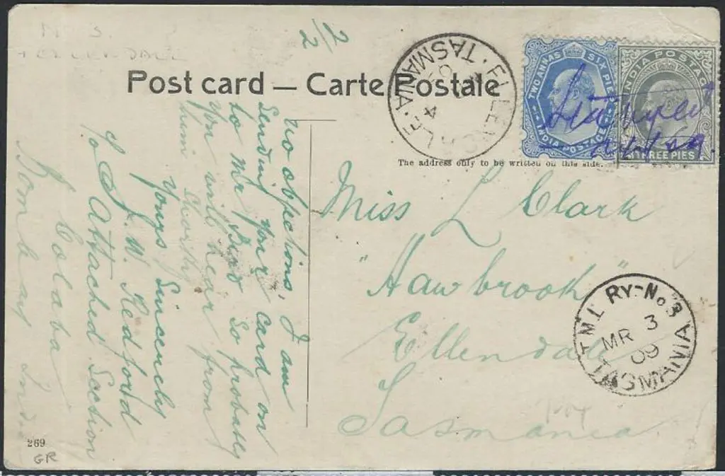 1909 inwards PPC from Bombay to Ellendale with 3p ... Image 1++