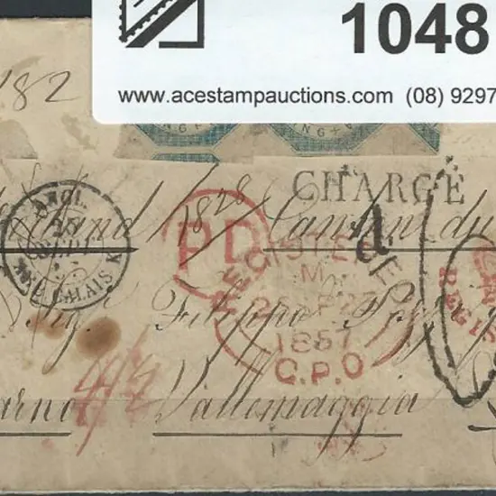 1857 registered cover to Switzerland bearing strip ...