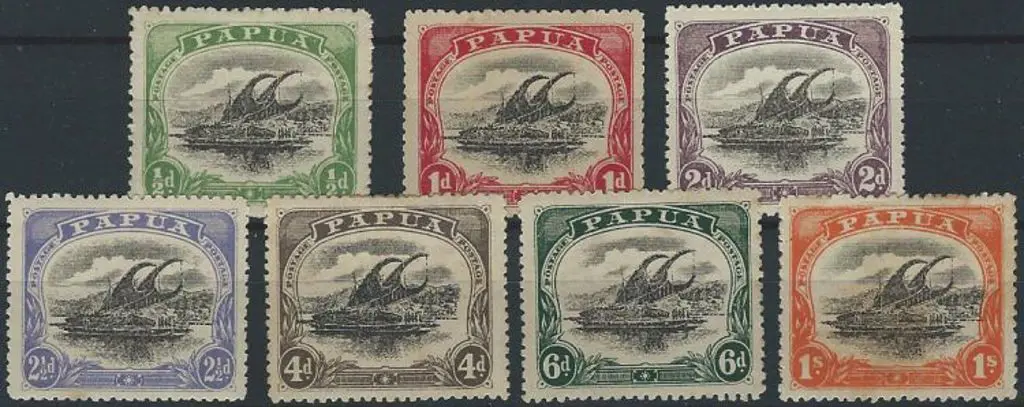 1910/11 large "PAPUA" set of 7 to 1/- MLH. 2d is ... Image 1++