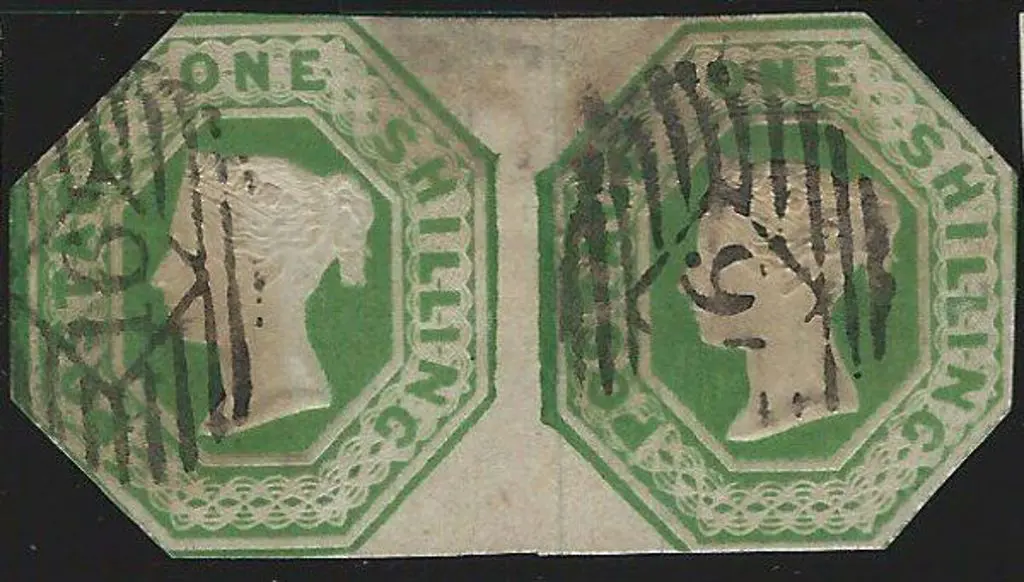 1854 1/- green embossed joined pair but ... Image 1++