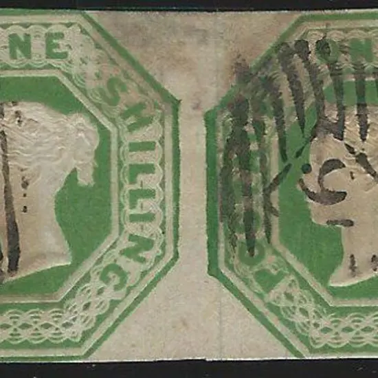 1854 1/- green embossed joined pair but ...