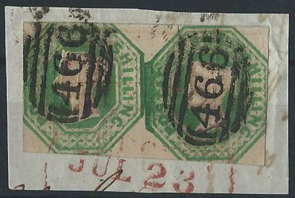 1847 1/- green embossed horiz joined pair cut ... Image 1++