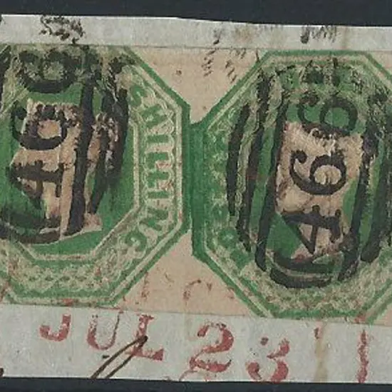 1847 1/- green embossed horiz joined pair cut ...